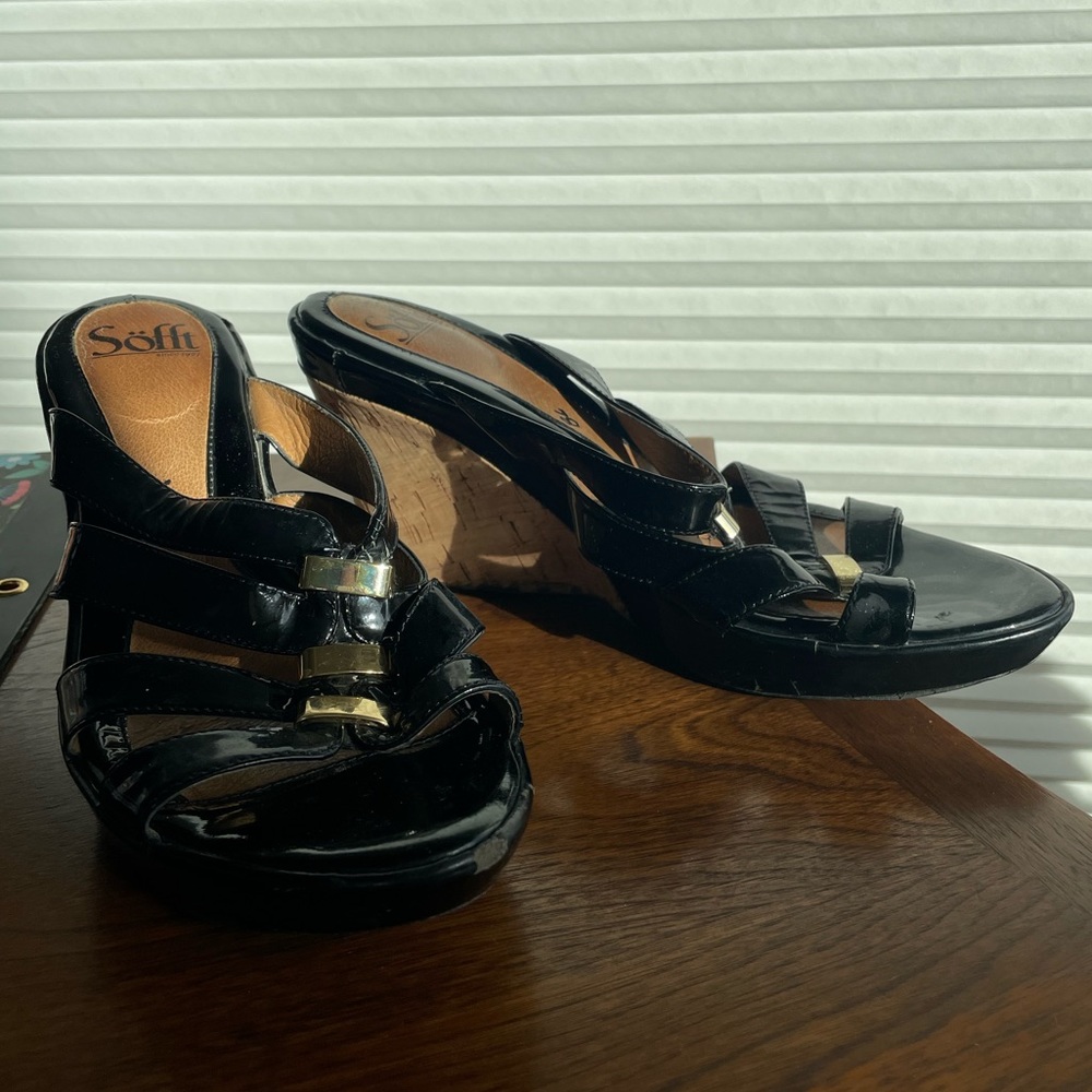 Black with Gold Accents Cork Wedge Heels